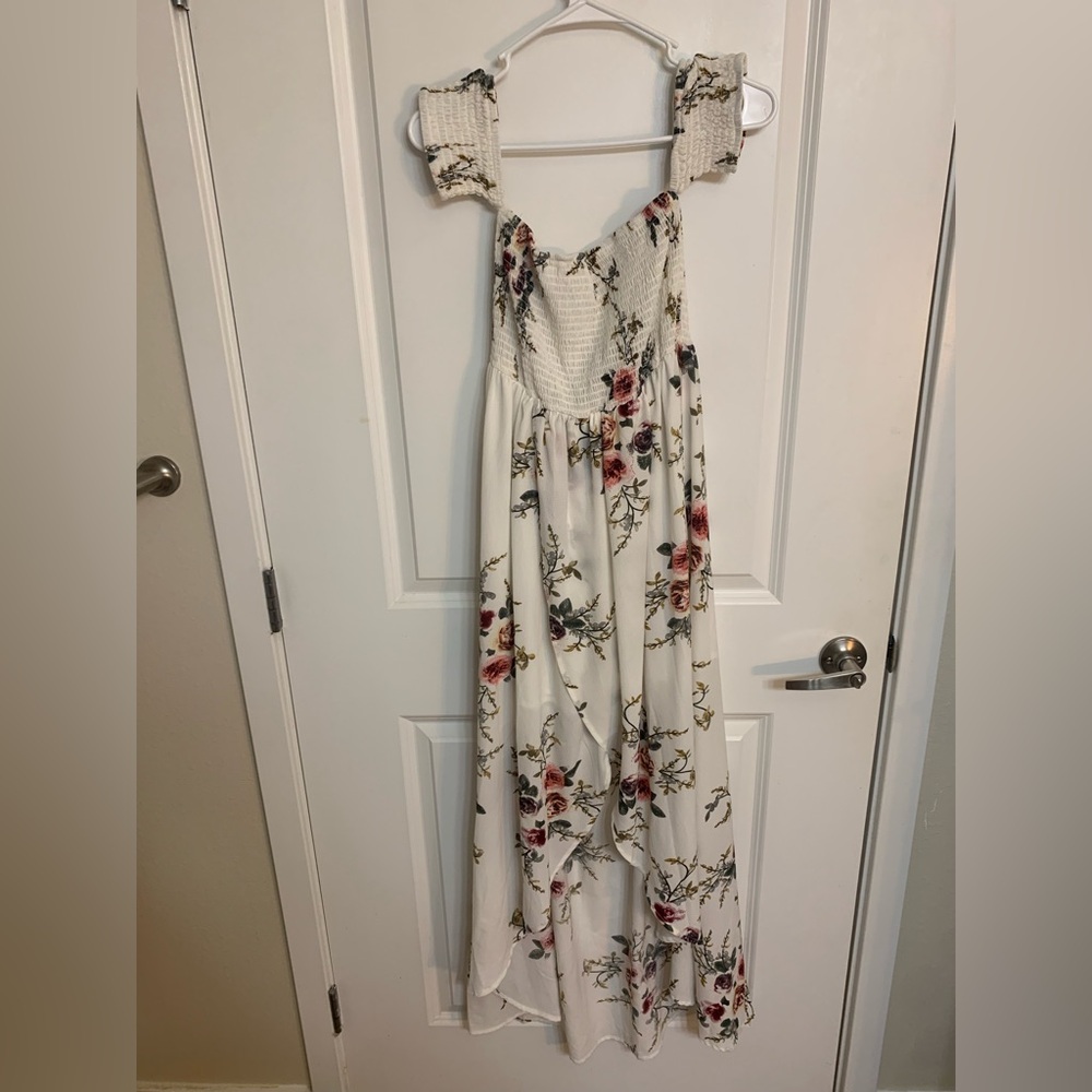 Floral High-Low Dress, Smocked Top, Off-the-shoulder